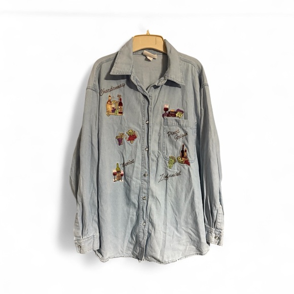 Vtg Tia Designs Denim Shirt & T Shirt Embroidered Wine Rhinestones 2X - Picture 1 of 11